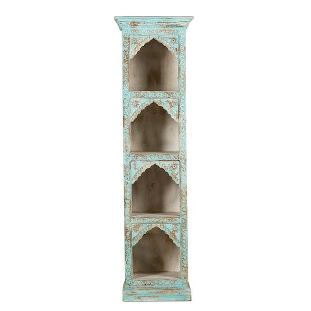Tall Turquoise Distressed Hand-Carved Display Shelf with Arched Niches - DOBRI ARTS AU