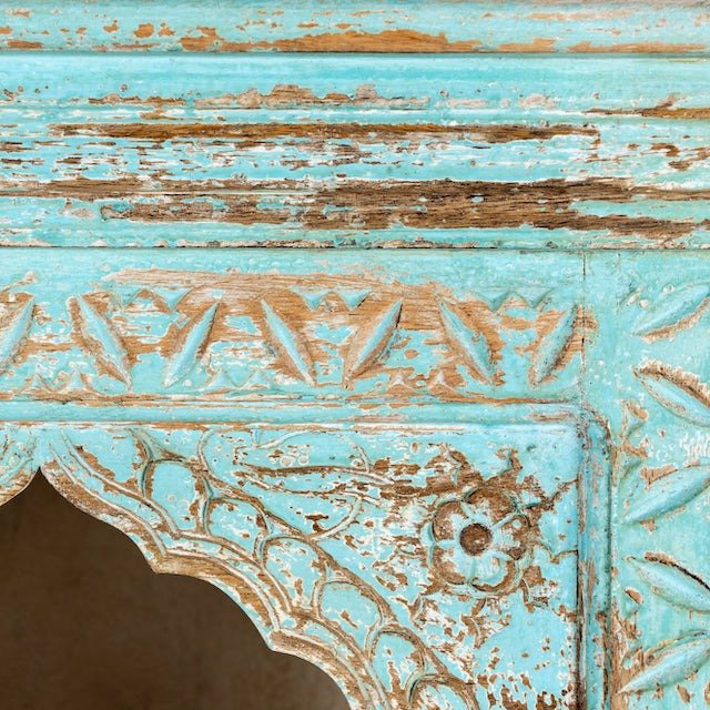 Tall Turquoise Distressed Hand-Carved Display Shelf with Arched Niches - DOBRI ARTS AU