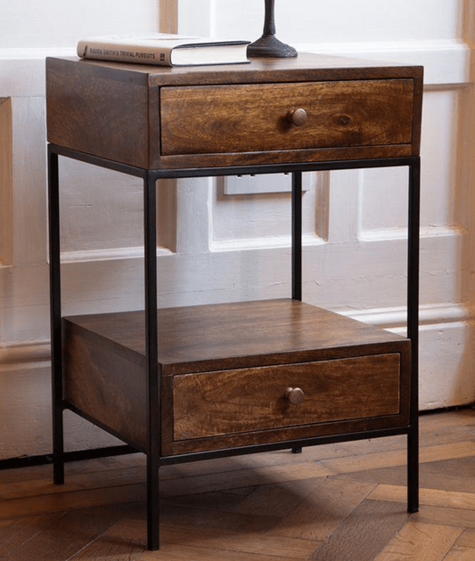 Tavira Mango Wood Bedside Table – 2 Drawer Nightstand with Iron Frame, Open Shelf & Stone Finish - DOBRI ARTS AU