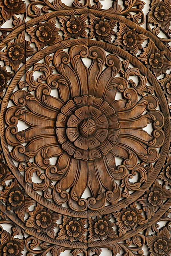 Teak Hand Carved Mango Wood Floral Mandala Headboard – Ornate Botanical Scrollwork King Size Wall Panel - DOBRI ARTS AU