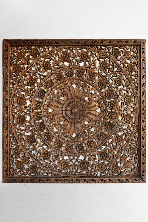 Teak Hand Carved Mango Wood Floral Mandala Headboard – Ornate Botanical Scrollwork King Size Wall Panel - DOBRI ARTS AU