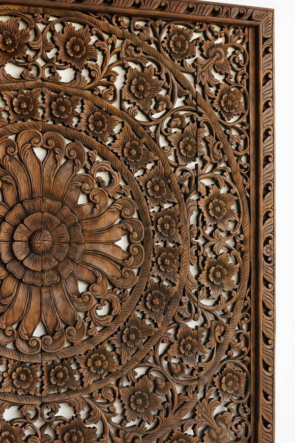 Teak Hand Carved Mango Wood Floral Mandala Headboard – Ornate Botanical Scrollwork King Size Wall Panel - DOBRI ARTS AU