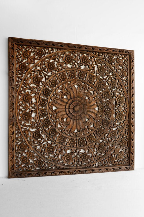 Teak Hand Carved Mango Wood Floral Mandala Headboard – Ornate Botanical Scrollwork King Size Wall Panel - DOBRI ARTS AU