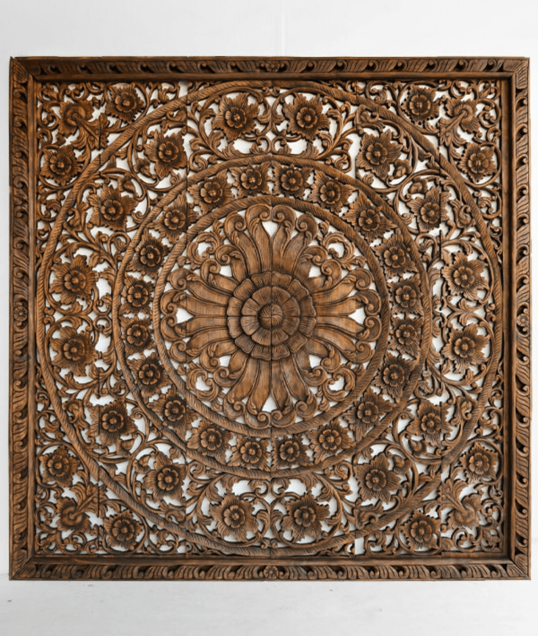 Teak Hand Carved Mango Wood Floral Mandala Headboard – Ornate Botanical Scrollwork King Size Wall Panel - DOBRI ARTS AU