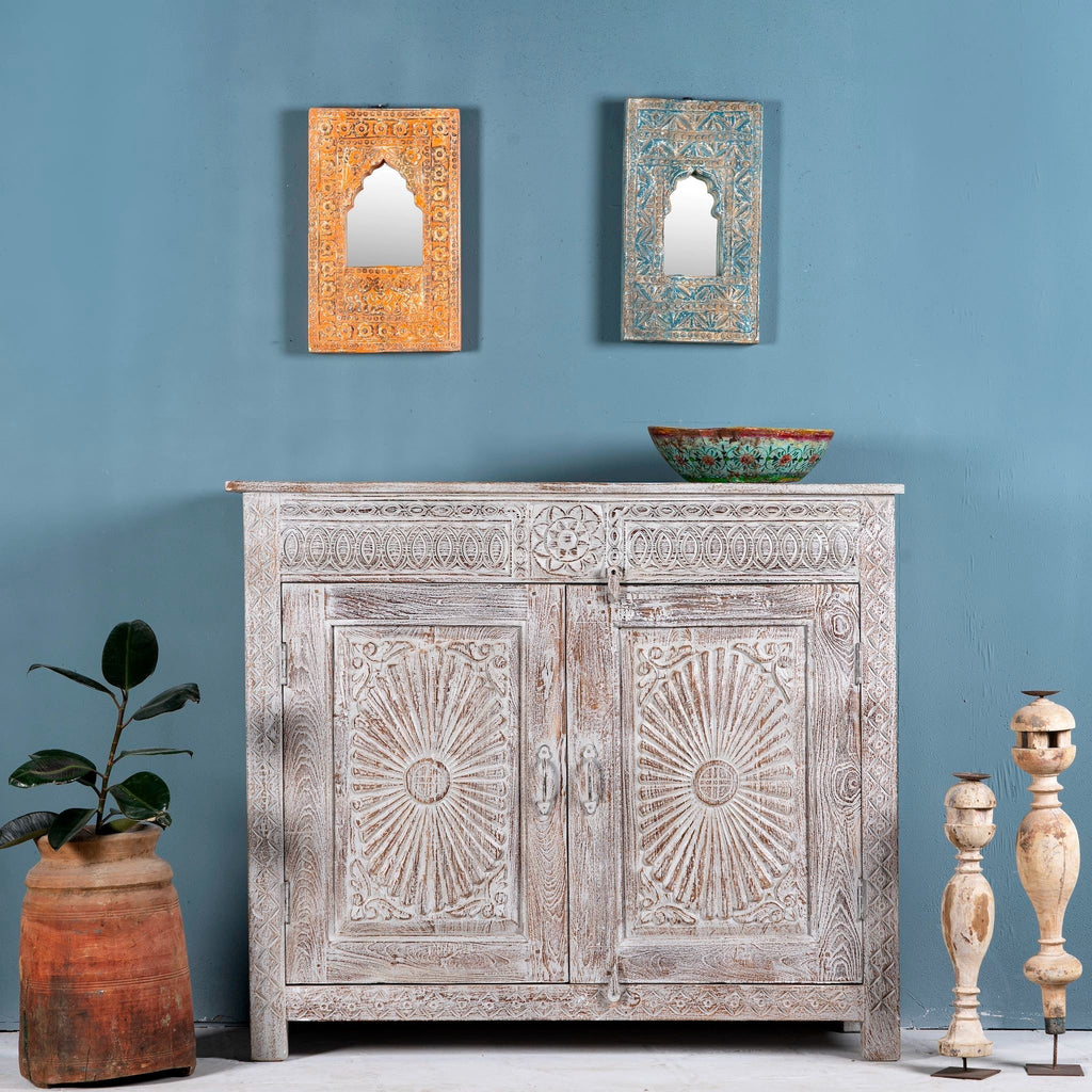 Thanjavur Vintage Grey Hand-Carved Sideboard - DOBRI ARTS AU