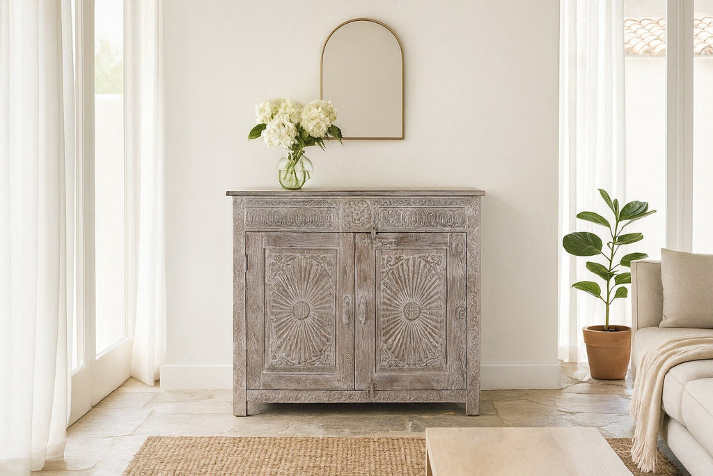 Thanjavur Vintage Grey Hand-Carved Sideboard - DOBRI ARTS AU