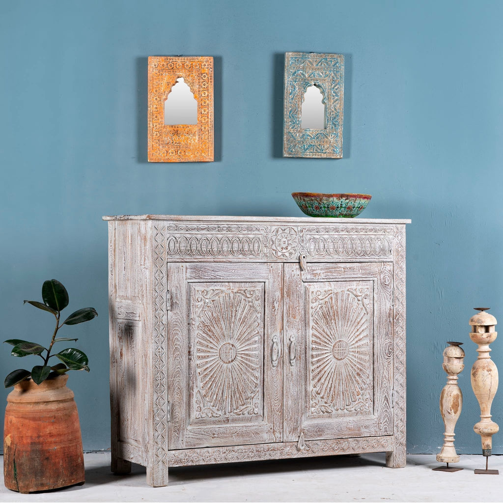 Thanjavur Vintage Grey Hand-Carved Sideboard - DOBRI ARTS AU
