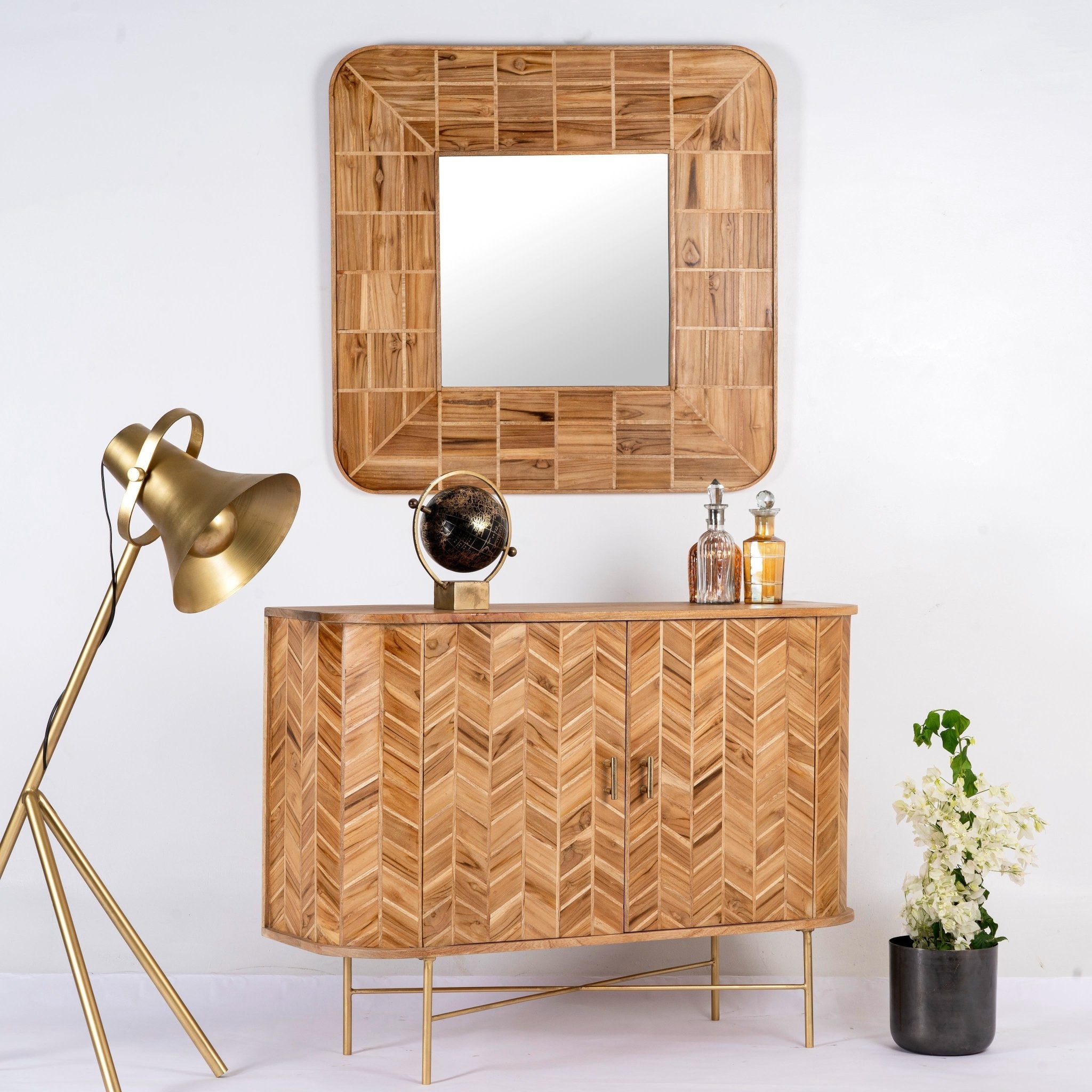 Toshani Chevron Mango Wood Sideboard with Brass Base - DOBRI ARTS AU