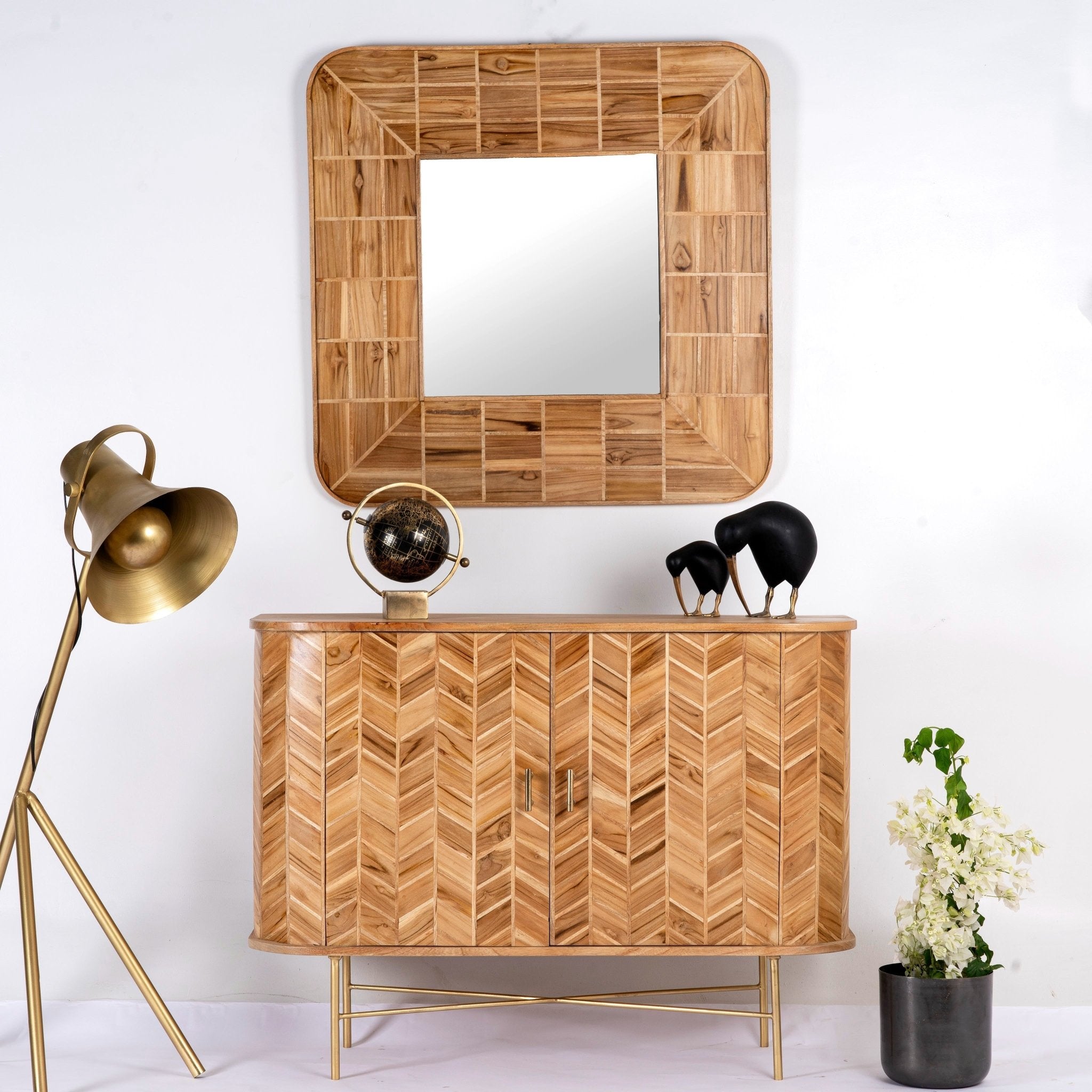 Toshani Chevron Mango Wood Sideboard with Brass Base - DOBRI ARTS AU