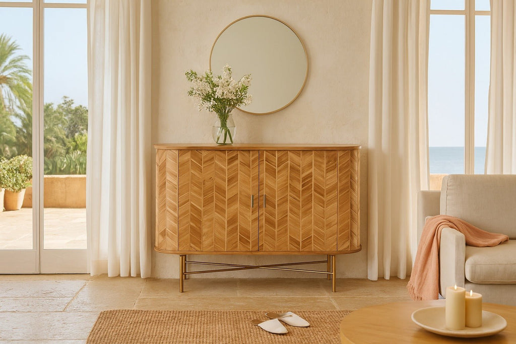 Toshani Chevron Mango Wood Sideboard with Brass Base - DOBRI ARTS AU