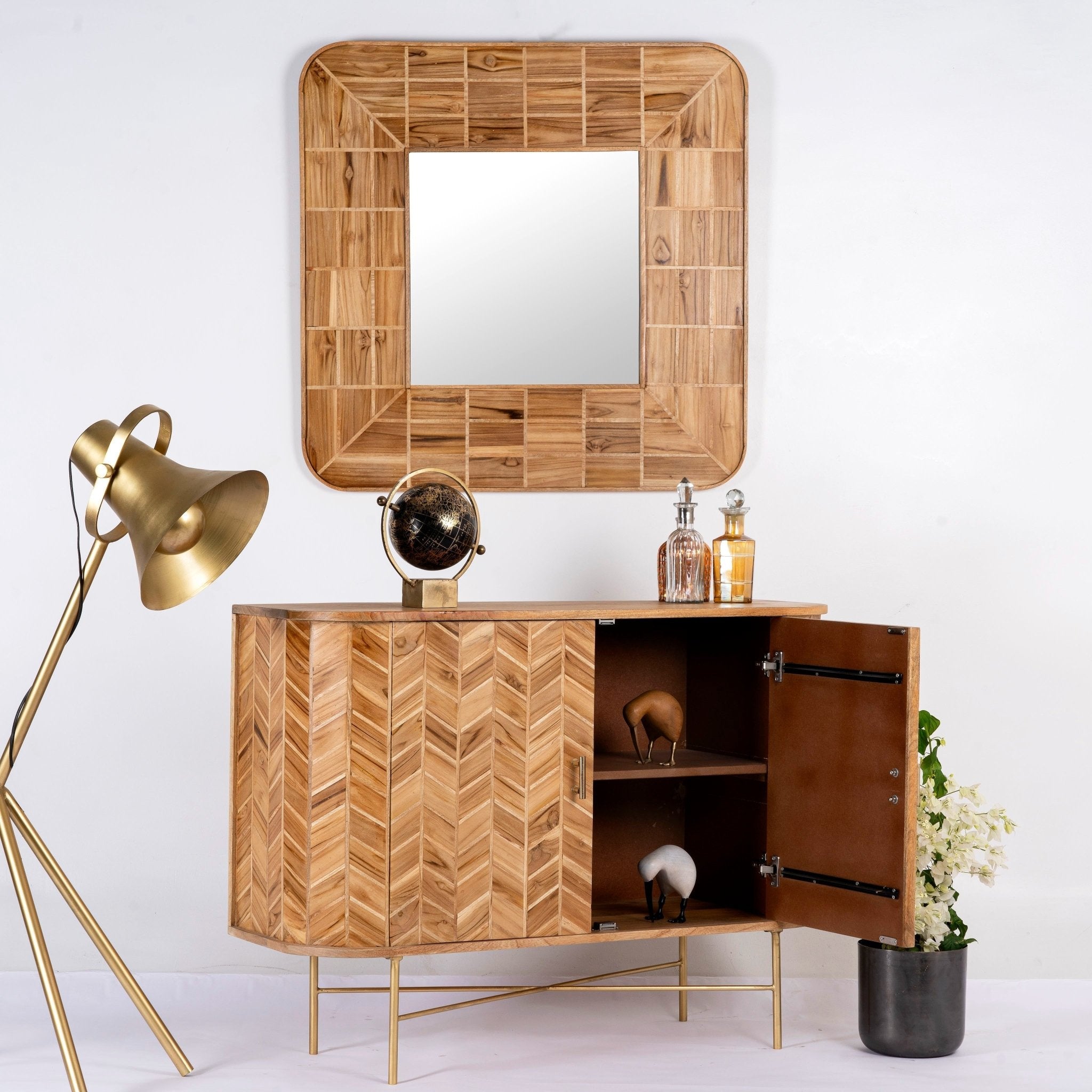 Toshani Chevron Mango Wood Sideboard with Brass Base - DOBRI ARTS AU