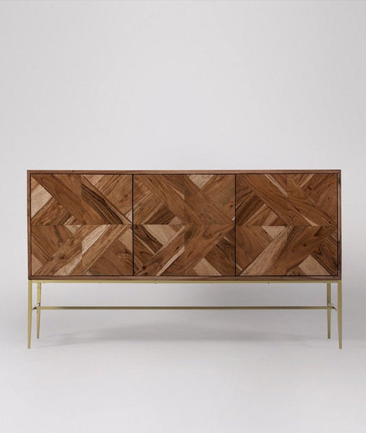 Trevi Chevron Inlay Wooden Sideboard with Brass Base