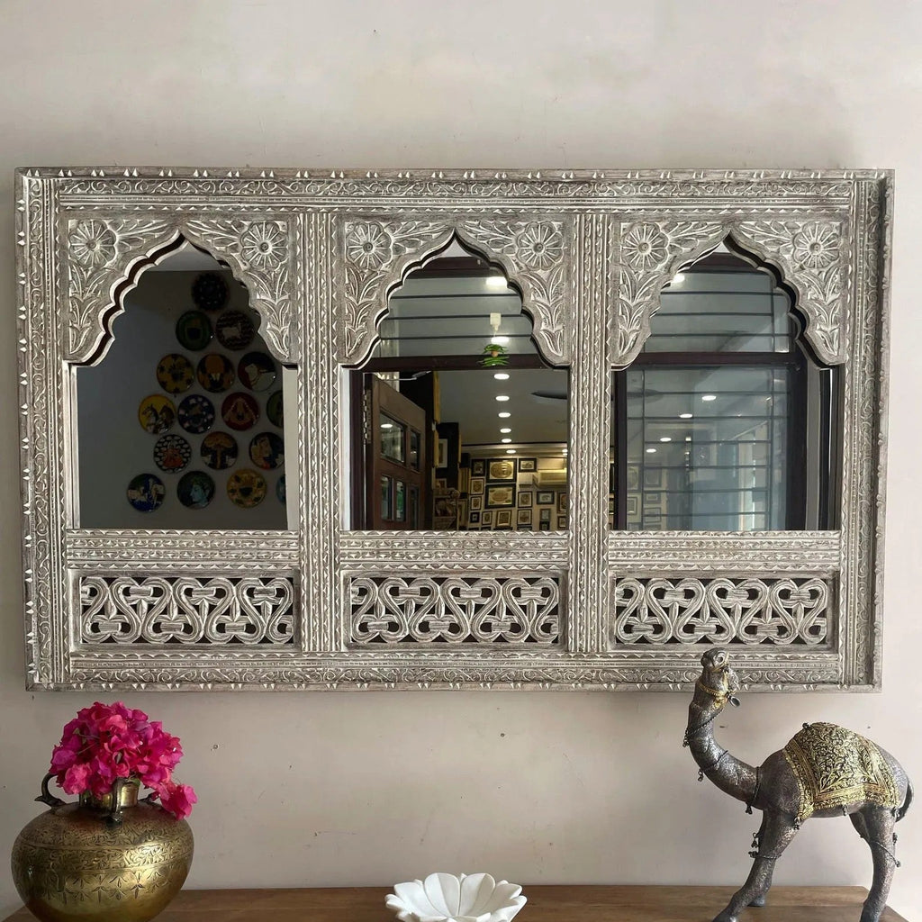 Trio Arch Hand-Carved Jharokha Style Wooden Wall Mirror in Antique Blue - DOBRI ARTS AU