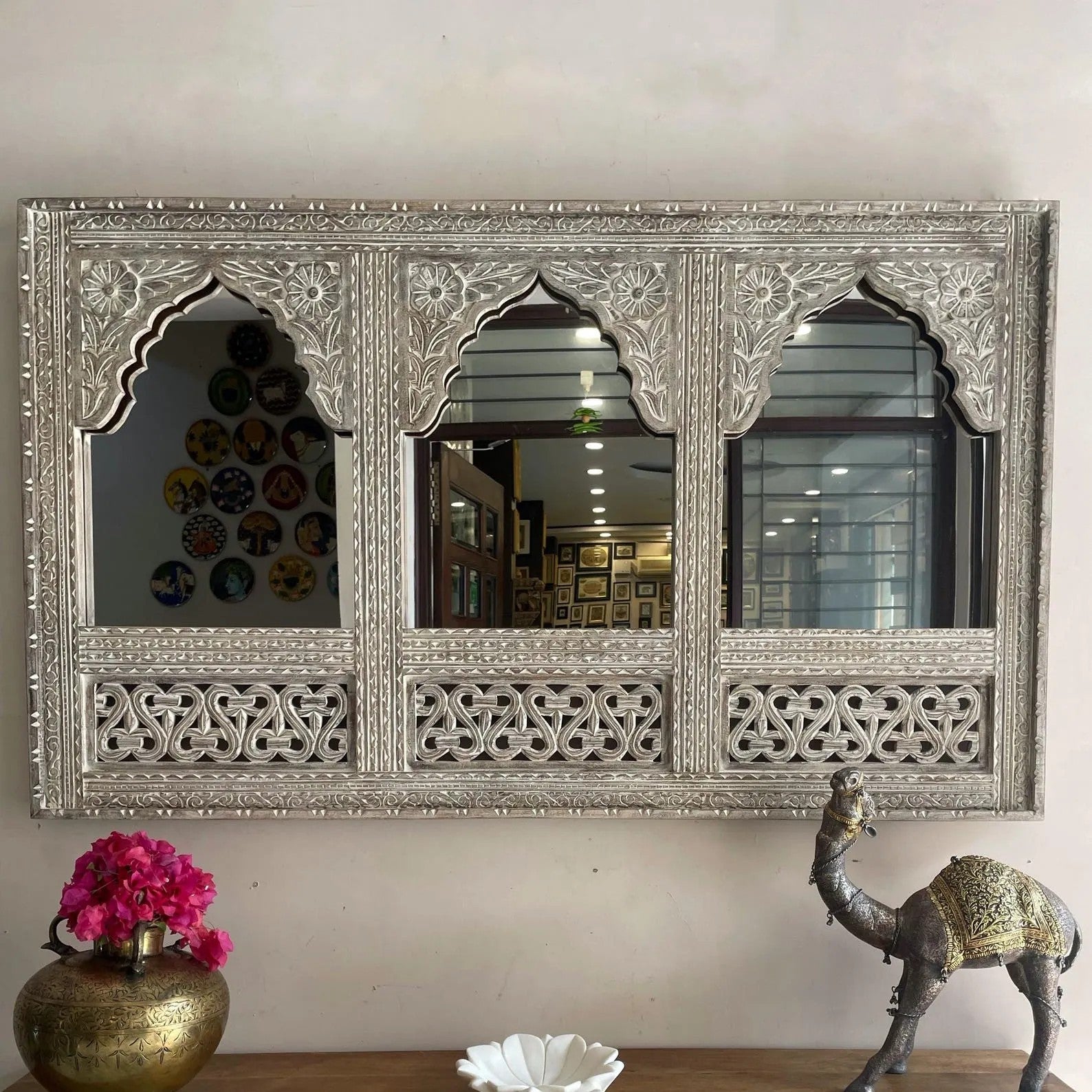 Trio Arch Hand-Carved Jharokha Style Wooden Wall Mirror in Antique Blue - DOBRI ARTS AU