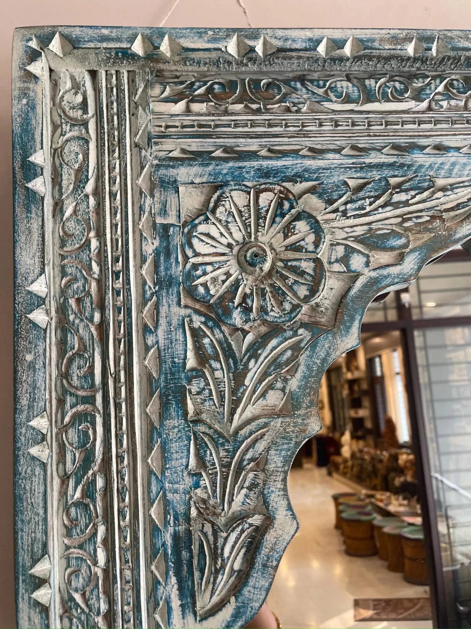 Trio Arch Hand-Carved Jharokha Style Wooden Wall Mirror in Antique Blue - DOBRI ARTS AU
