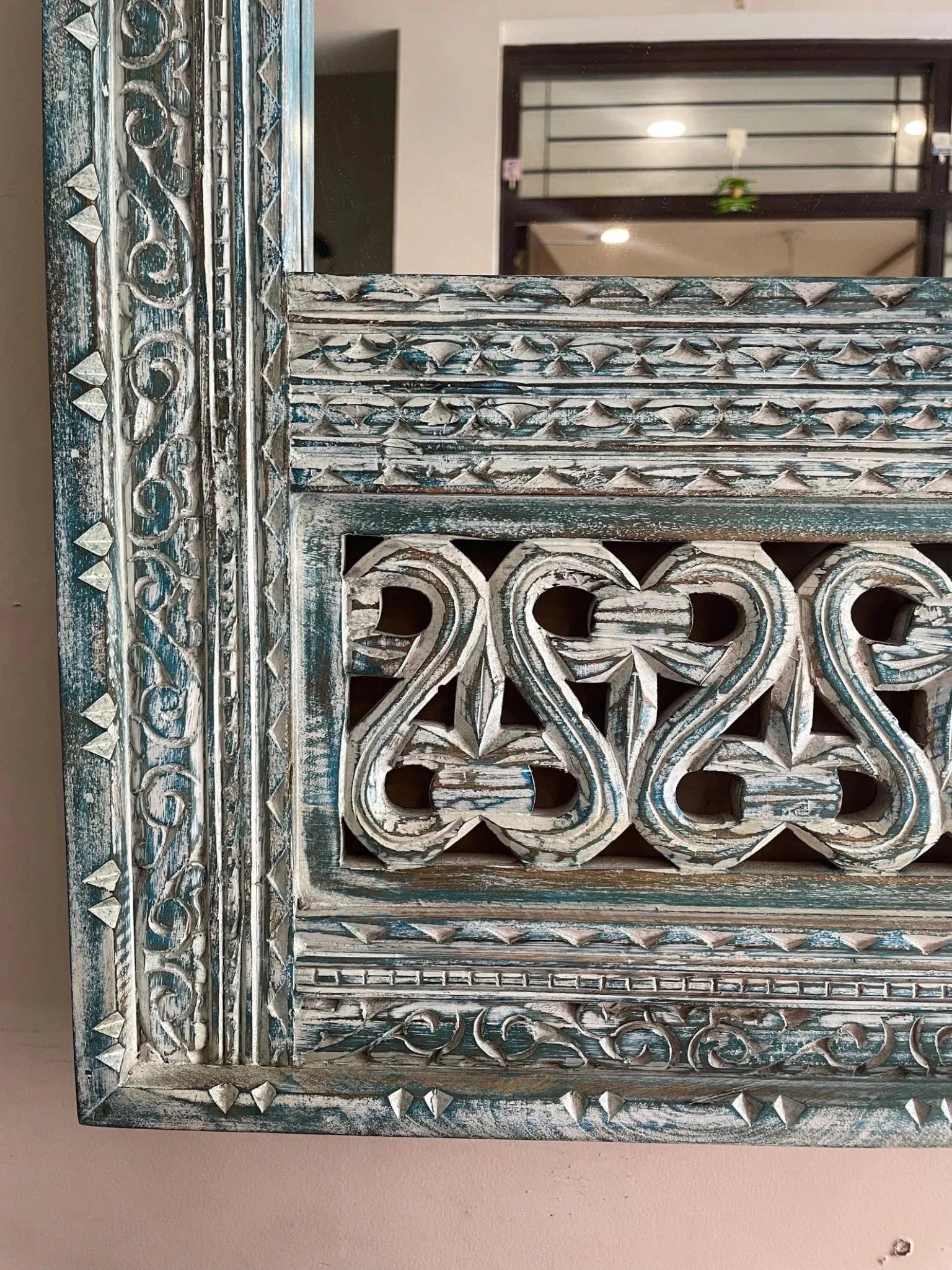 Trio Arch Hand-Carved Jharokha Style Wooden Wall Mirror in Antique Blue - DOBRI ARTS AU