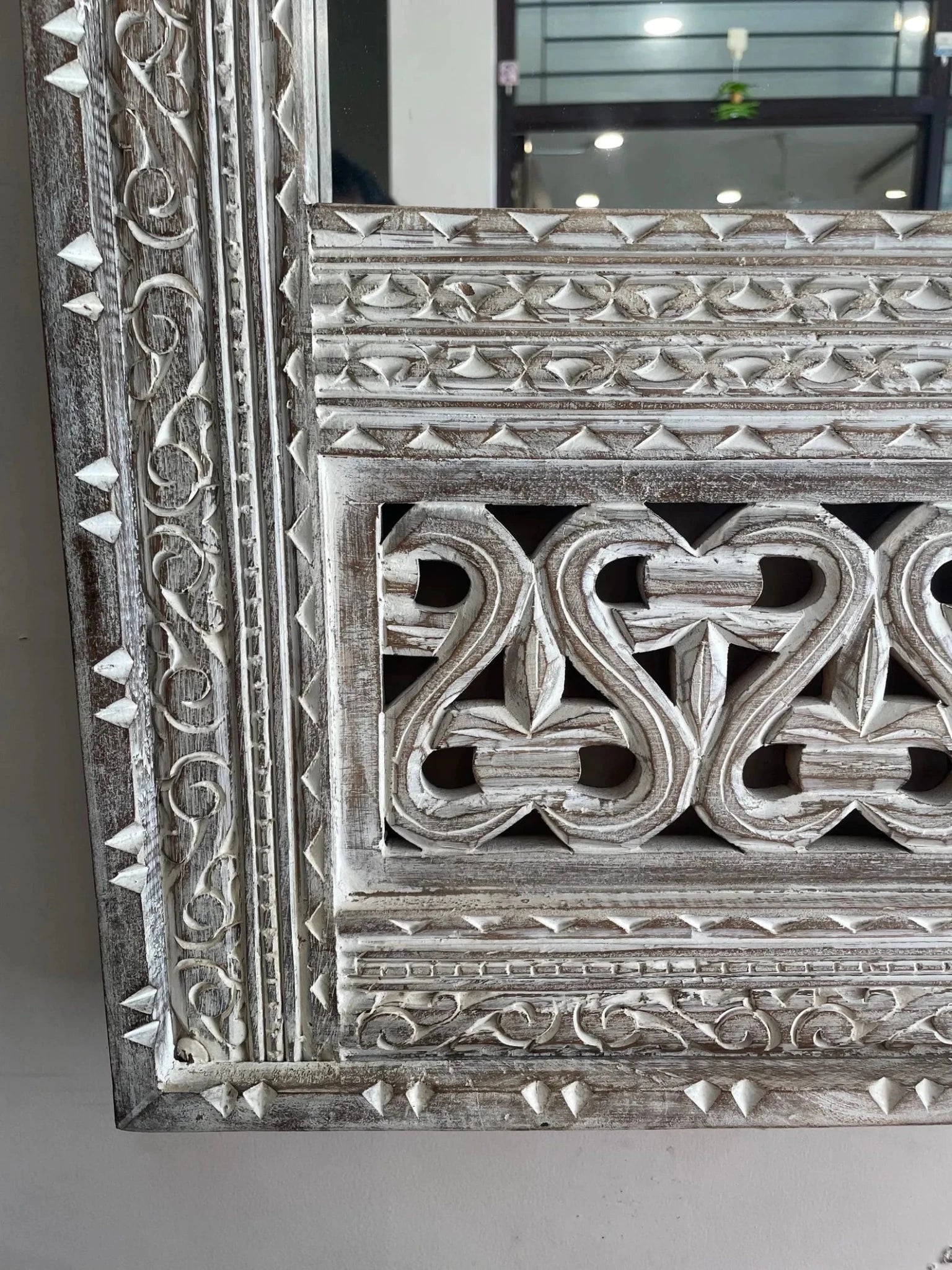 Trio Arch Hand-Carved Jharokha Style Wooden Wall Mirror in Antique Blue - DOBRI ARTS AU