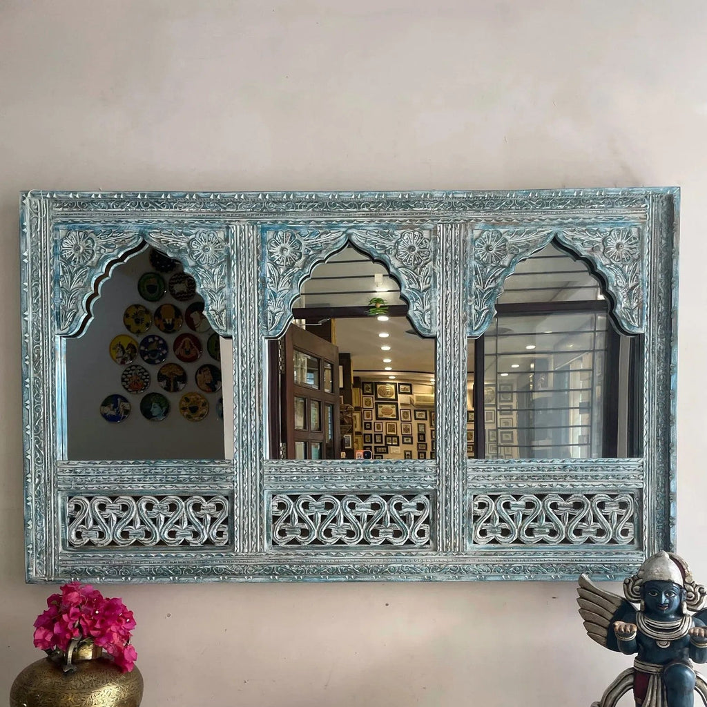 Trio Arch Hand-Carved Jharokha Style Wooden Wall Mirror in Antique Blue - DOBRI ARTS AU