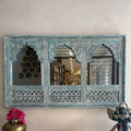 Trio Arch Hand-Carved Jharokha Style Wooden Wall Mirror in Antique Blue - DOBRI ARTS AU