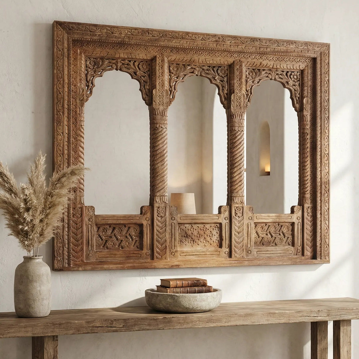 Triple-Arch Hand-Carved Wooden Mirror Panel with Distressed White Finish - DOBRI ARTS AU