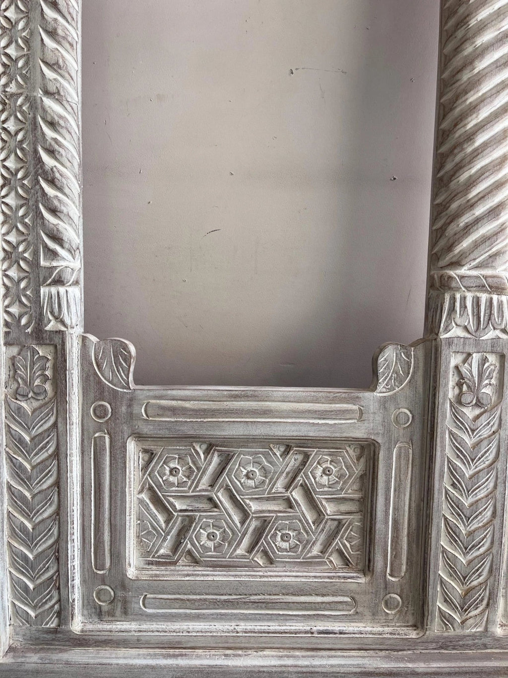 Triple-Arch Hand-Carved Wooden Mirror Panel with Distressed White Finish - DOBRI ARTS AU