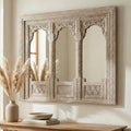 Triple-Arch Hand-Carved Wooden Mirror Panel with Distressed White Finish - DOBRI ARTS AU