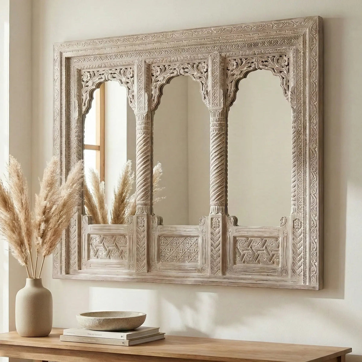 Triple-Arch Hand-Carved Wooden Mirror Panel with Distressed White Finish - DOBRI ARTS AU