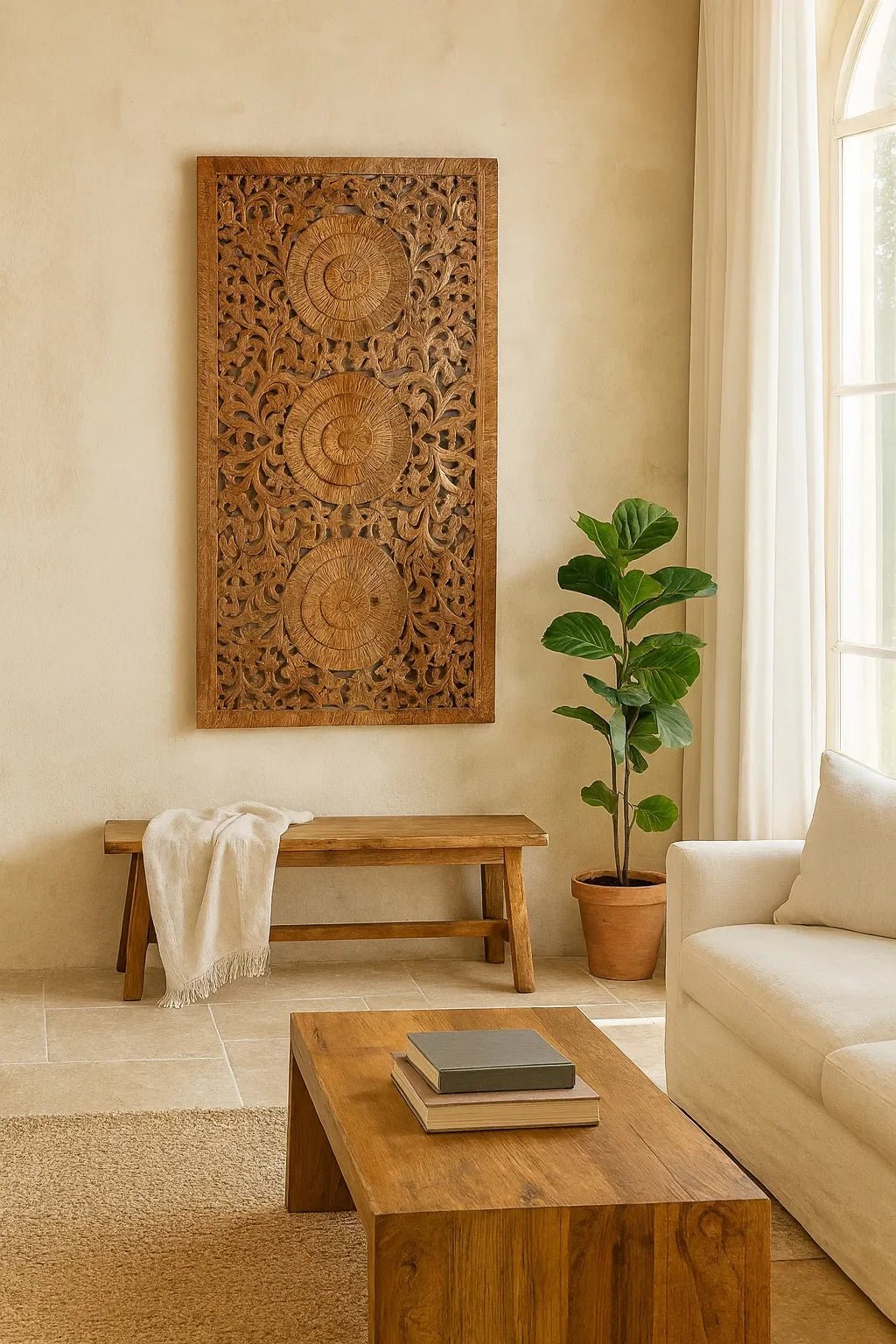 Triveni Triple Medallion Carved Wall Panel - DOBRI ARTS AU
