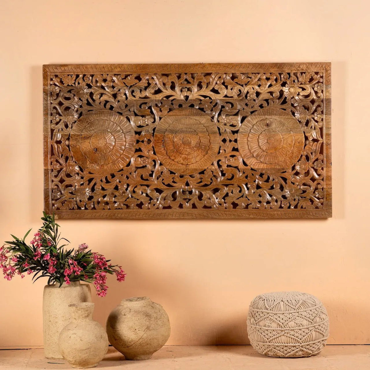 Triveni Triple Medallion Carved Wall Panel - DOBRI ARTS AU