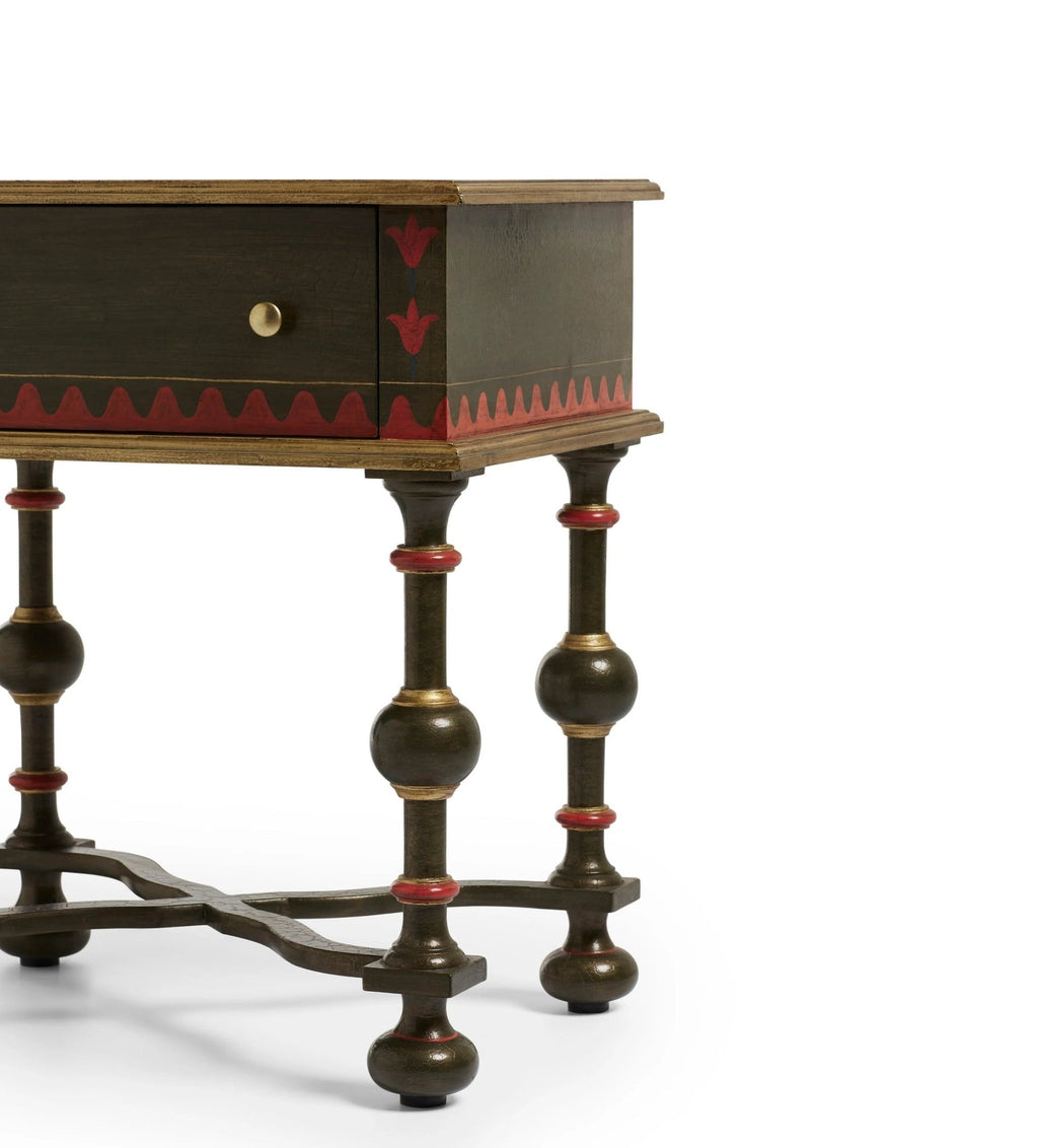 Tughluq Hand-Painted Mango Wood Bedside Table – Antique Style Nightstand with Turned Legs, Accent Table & Bedroom Side Table - DOBRI ARTS AU