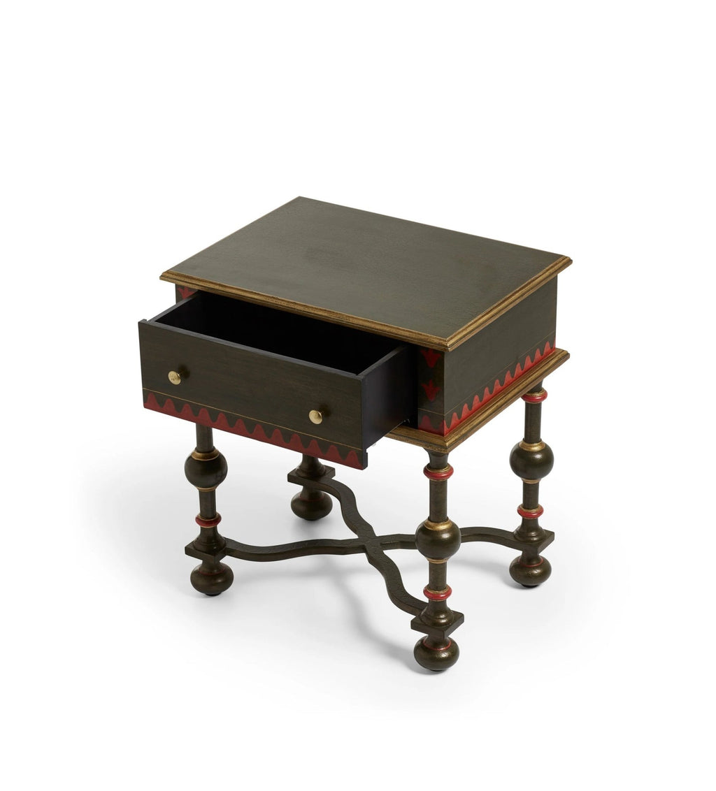 Tughluq Hand-Painted Mango Wood Bedside Table – Antique Style Nightstand with Turned Legs, Accent Table & Bedroom Side Table - DOBRI ARTS AU