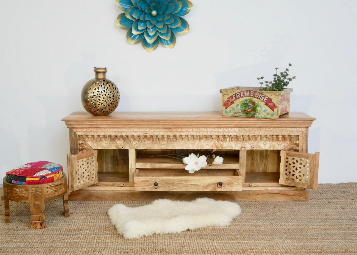 Tumakuru Hand-Carved Mango Wood Lowboard with Lattice Doors - DOBRI ARTS AU
