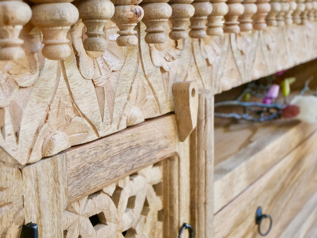 Tumakuru Hand-Carved Mango Wood Lowboard with Lattice Doors - DOBRI ARTS AU