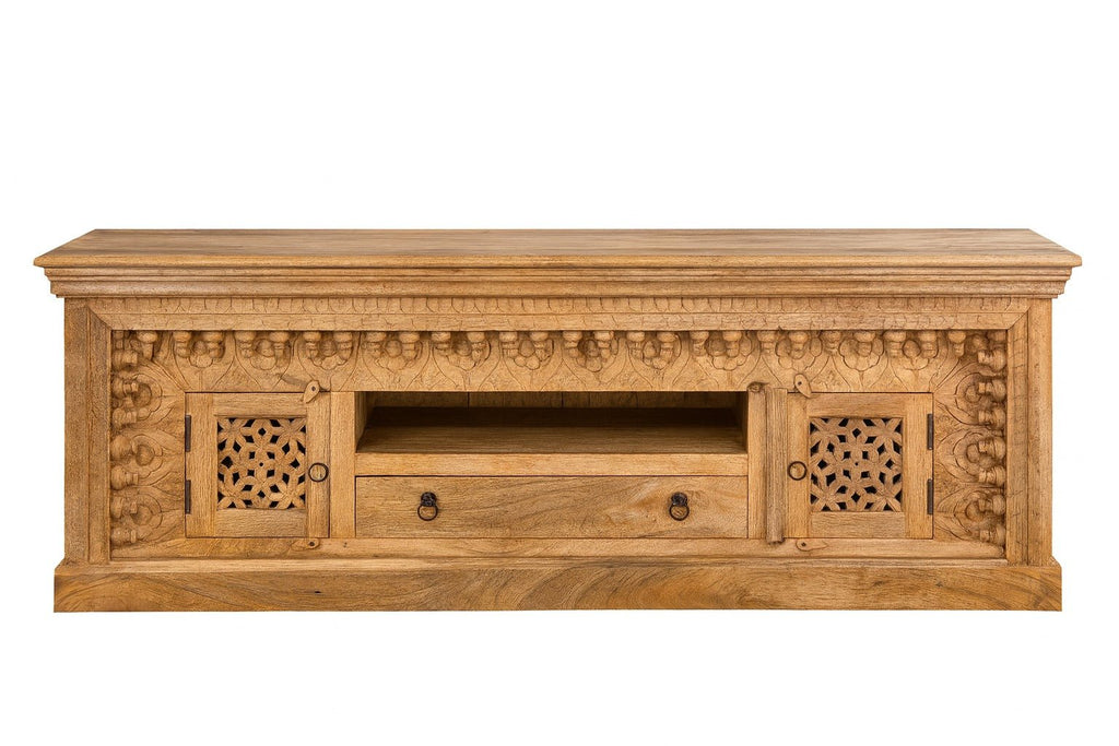 Tumakuru Hand-Carved Mango Wood Lowboard with Lattice Doors - DOBRI ARTS AU