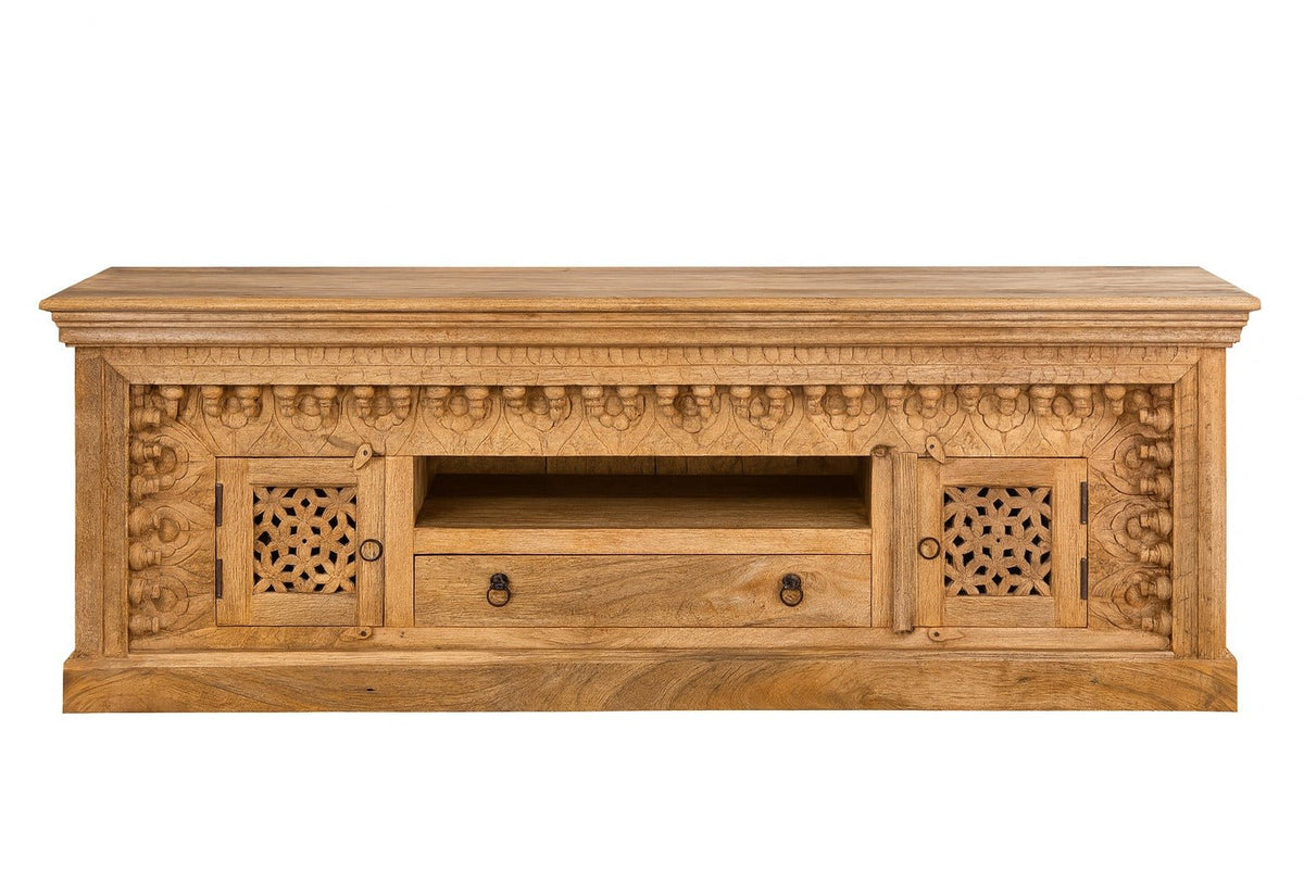 Tumakuru Hand-Carved Mango Wood Lowboard with Lattice Doors - DOBRI ARTS AU