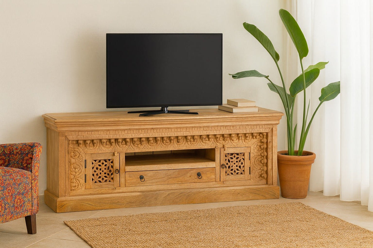 Tumakuru Hand-Carved Mango Wood Lowboard with Lattice Doors - DOBRI ARTS AU