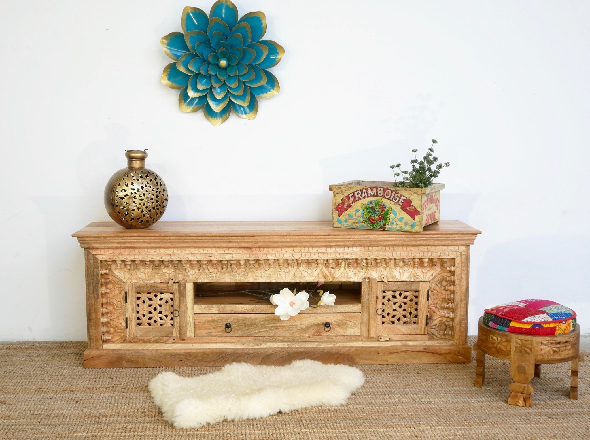 Tumakuru Hand-Carved Mango Wood Lowboard with Lattice Doors - DOBRI ARTS AU