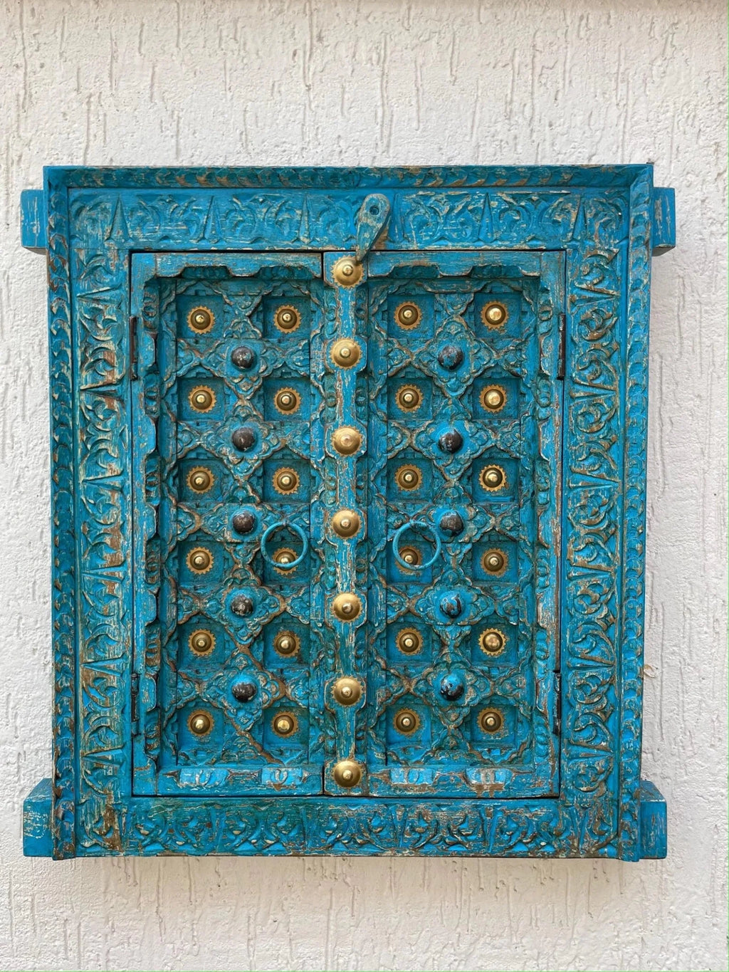 Turquoise Hand-Carved Wooden Door Wall Panel with Brass Accents - DOBRI ARTS AU