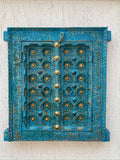 Turquoise Hand-Carved Wooden Door Wall Panel with Brass Accents - DOBRI ARTS AU