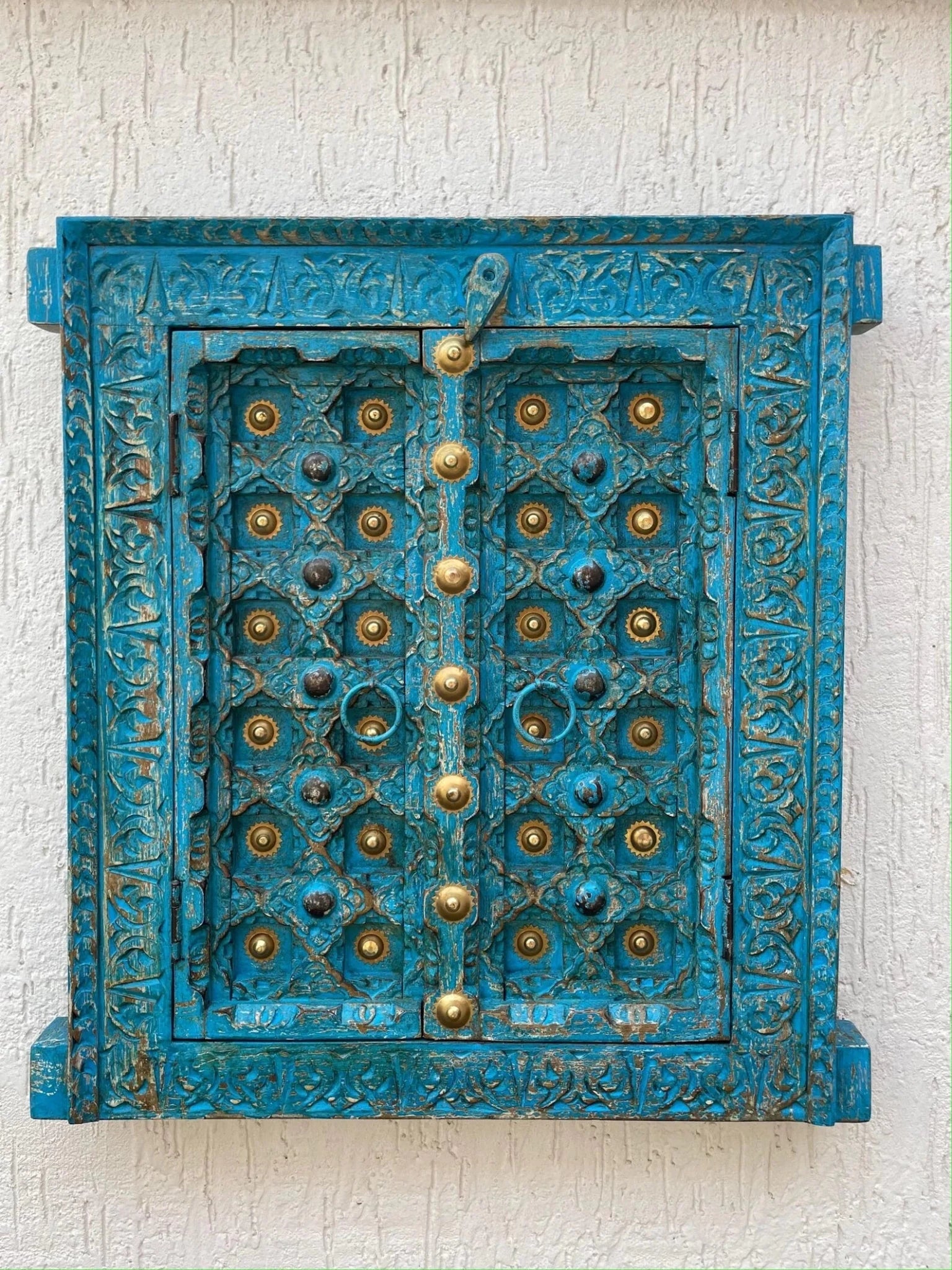 Turquoise Hand-Carved Wooden Door Wall Panel with Brass Accents - DOBRI ARTS AU