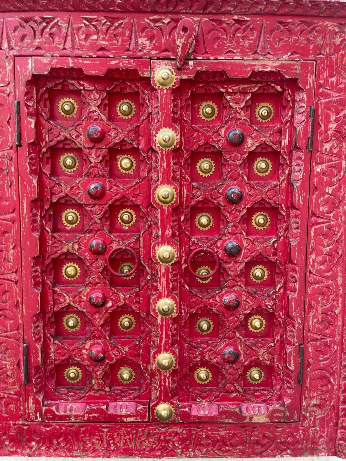 Turquoise Hand-Carved Wooden Door Wall Panel with Brass Accents - DOBRI ARTS AU