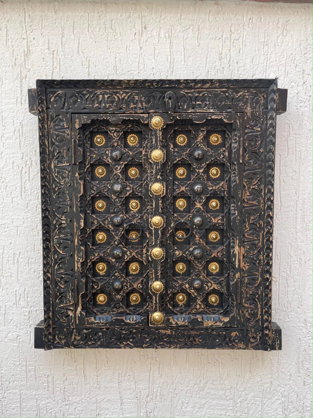 Turquoise Hand-Carved Wooden Door Wall Panel with Brass Accents - DOBRI ARTS AU