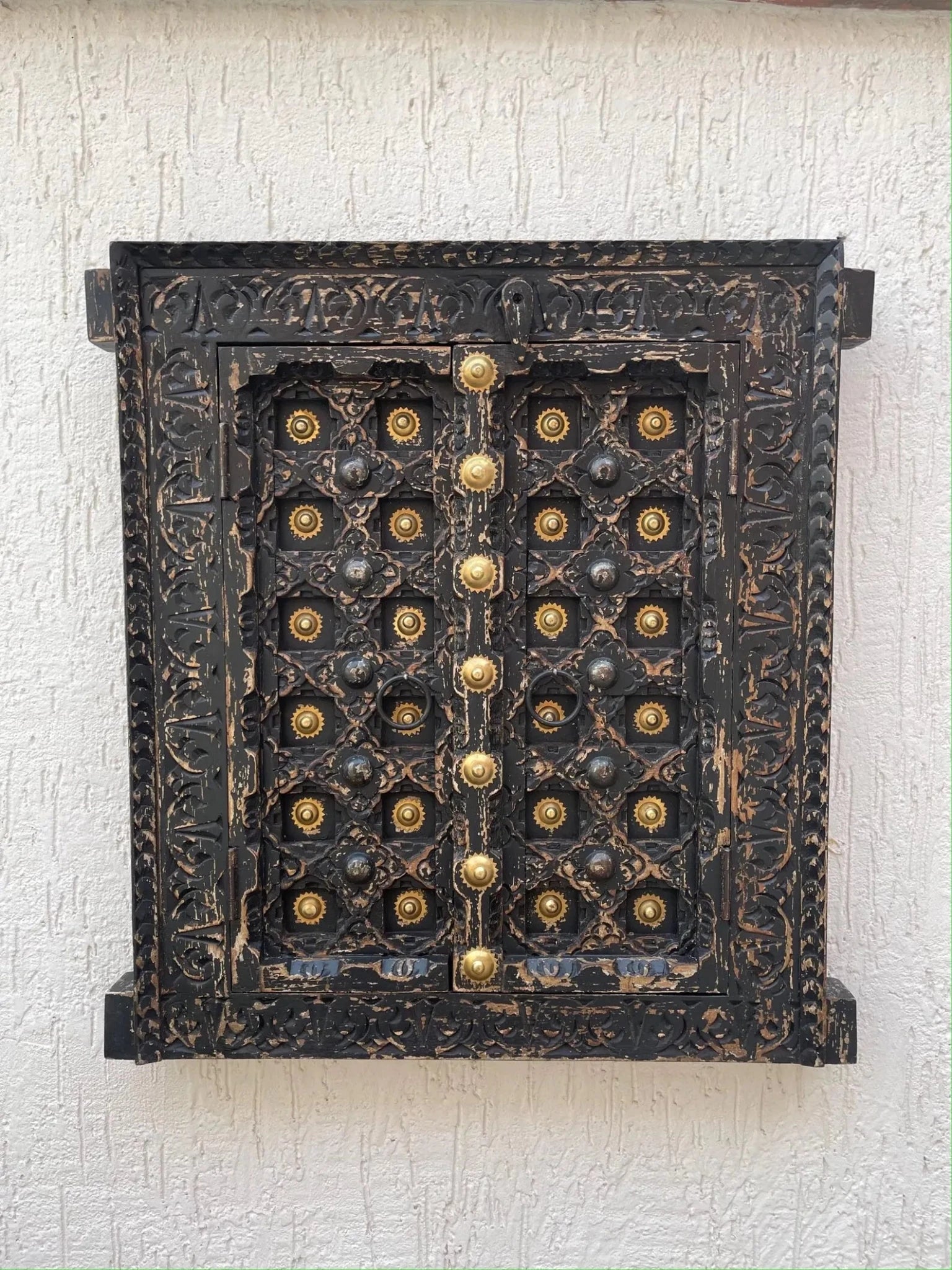 Turquoise Hand-Carved Wooden Door Wall Panel with Brass Accents - DOBRI ARTS AU