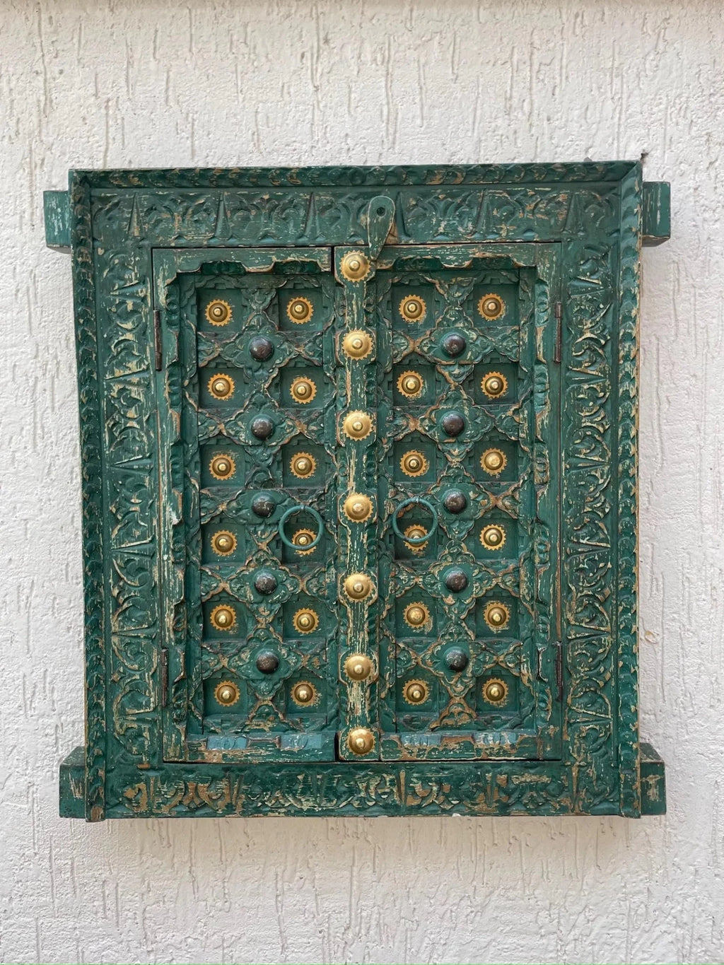 Turquoise Hand-Carved Wooden Door Wall Panel with Brass Accents - DOBRI ARTS AU