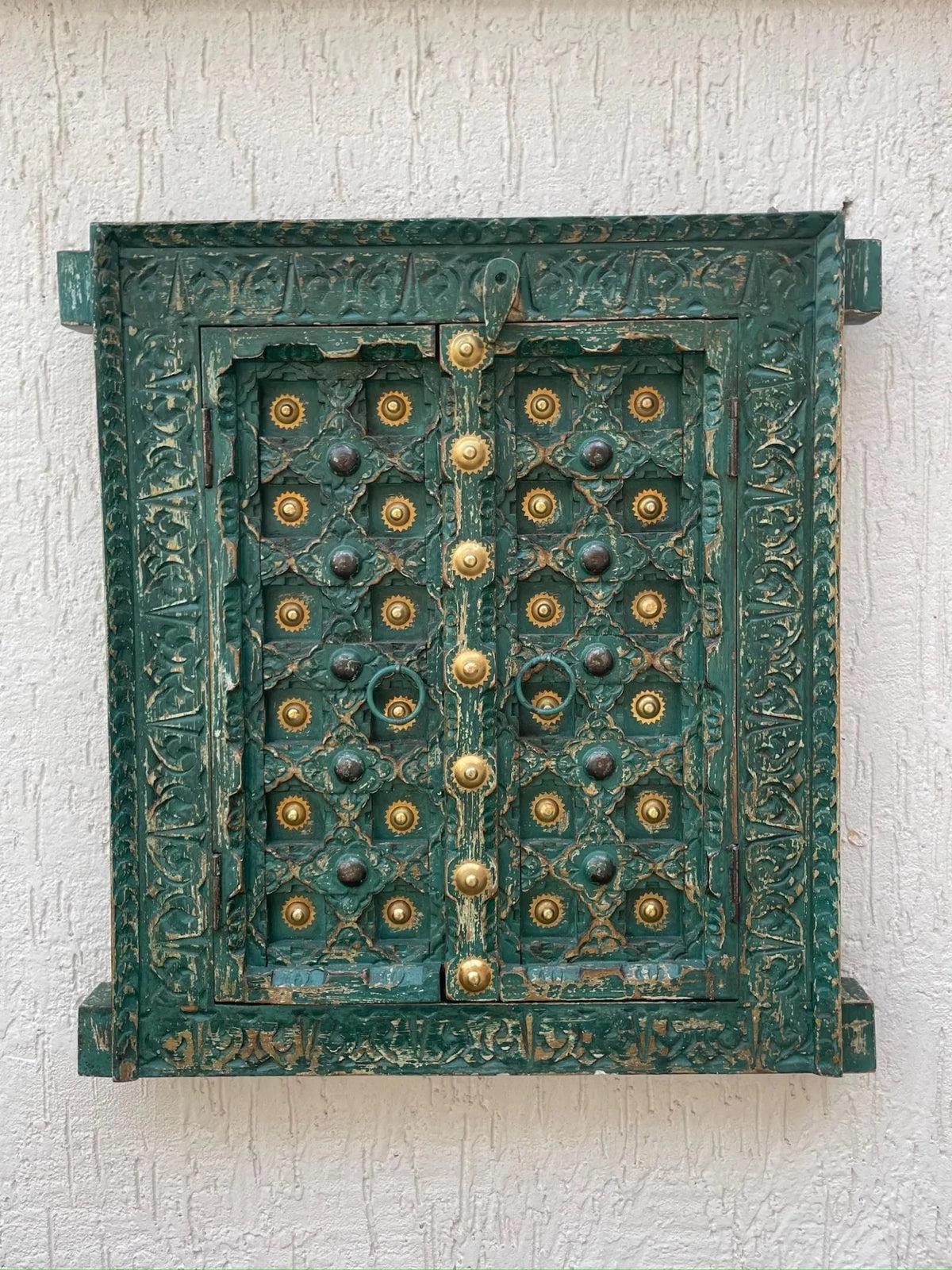 Turquoise Hand-Carved Wooden Door Wall Panel with Brass Accents - DOBRI ARTS AU