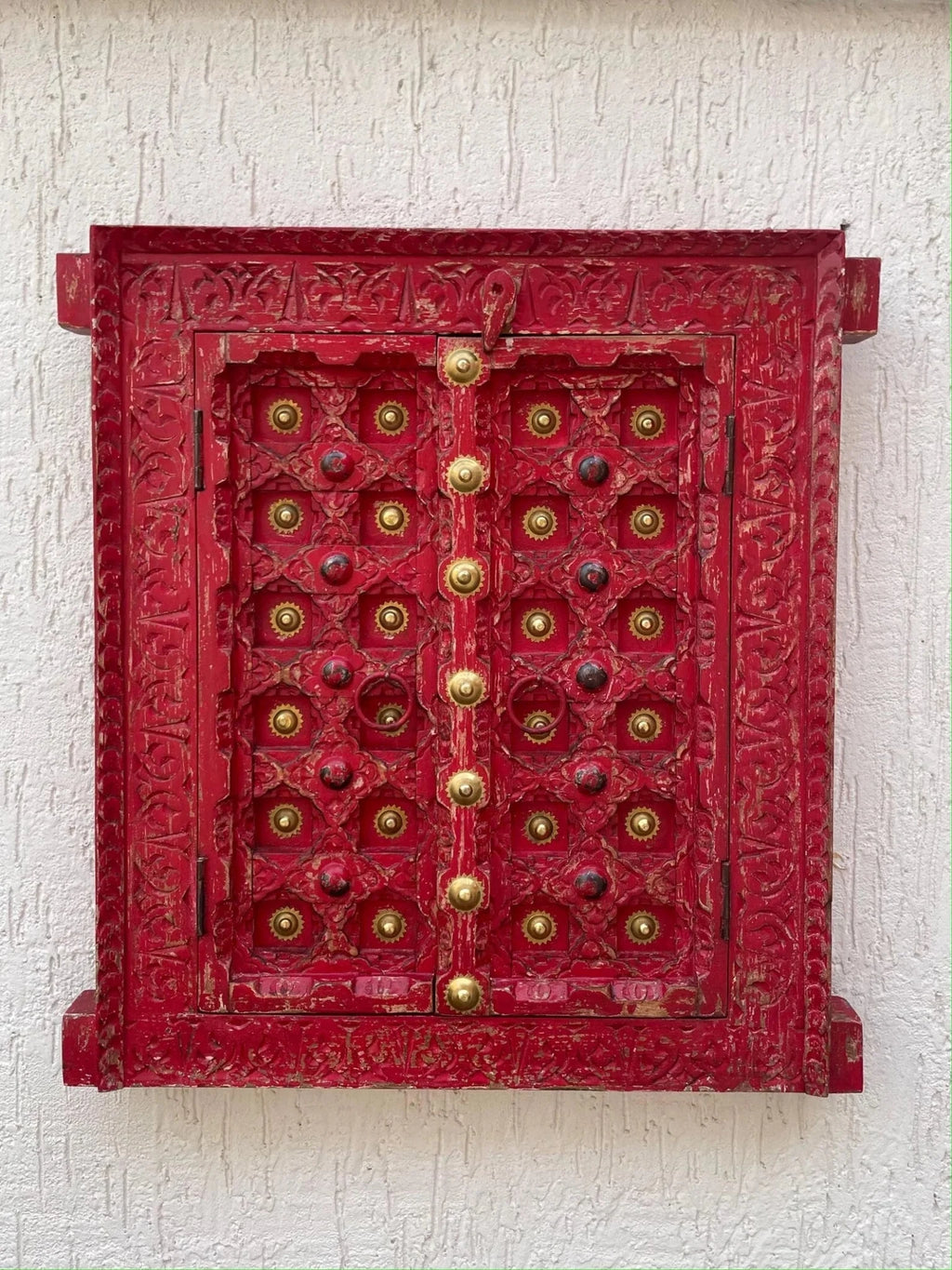 Turquoise Hand-Carved Wooden Door Wall Panel with Brass Accents - DOBRI ARTS AU