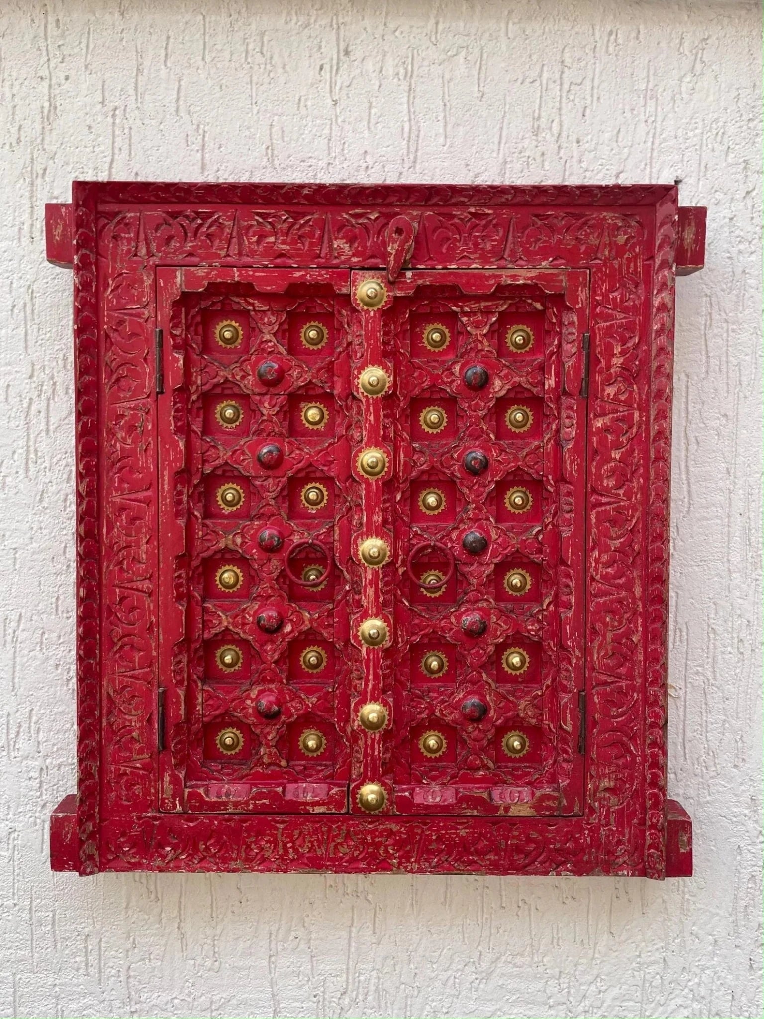 Turquoise Hand-Carved Wooden Door Wall Panel with Brass Accents - DOBRI ARTS AU