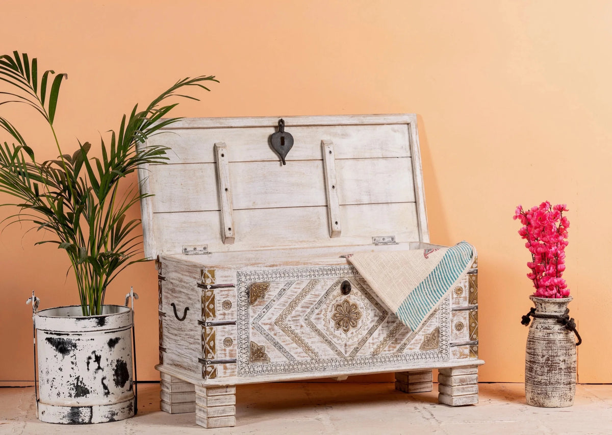 Vaippar Hand-Carved Mango Wood Accent Storage Chest - DOBRI ARTS AU