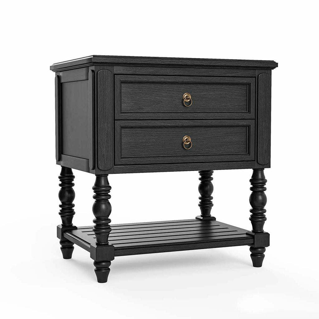 Valora Classic Mango Solid Wood Bedside Table – 2 Drawer Nightstand with Turned Legs & Lower Shelf in Matt Black - DOBRI ARTS AU