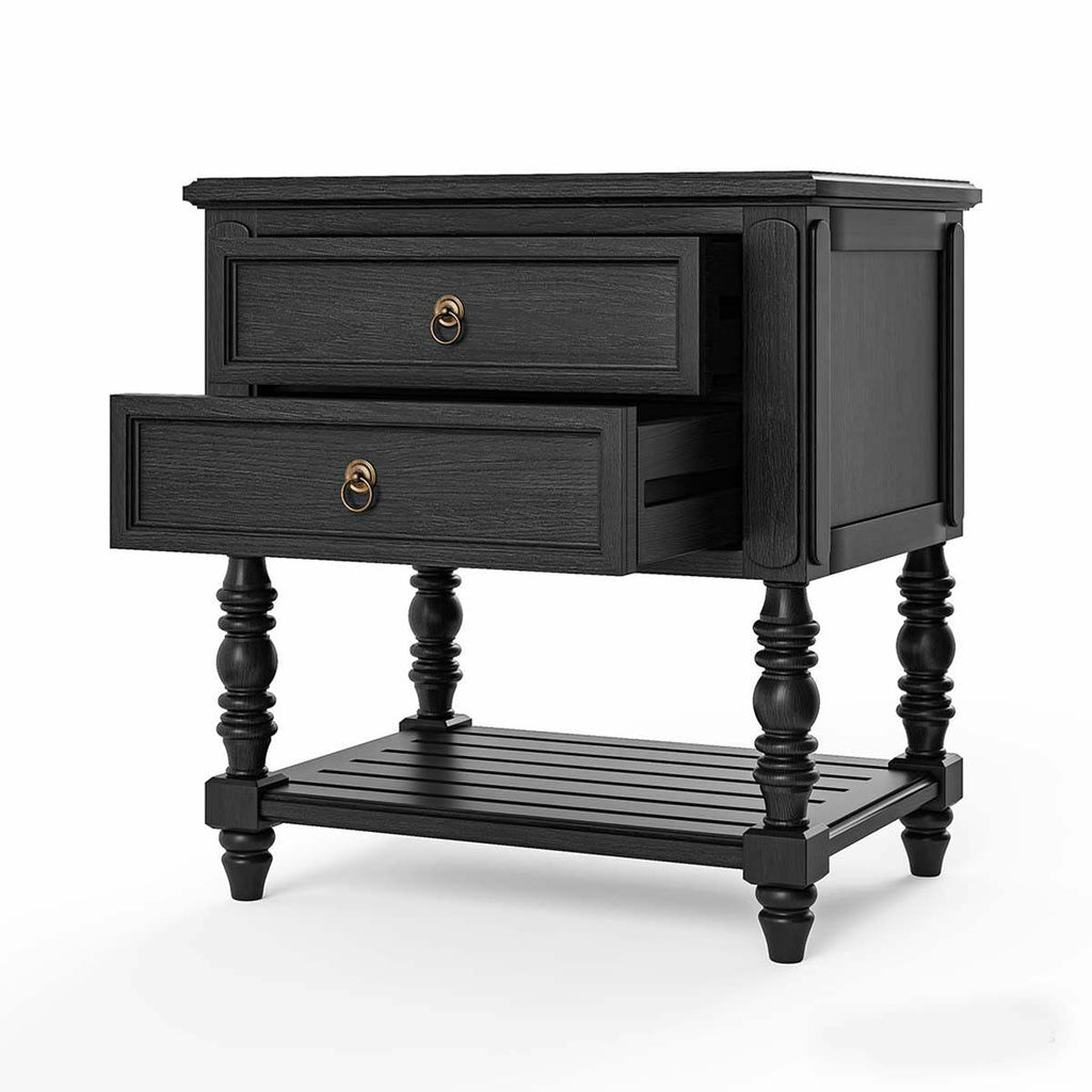 Valora Classic Mango Solid Wood Bedside Table – 2 Drawer Nightstand with Turned Legs & Lower Shelf in Matt Black - DOBRI ARTS AU
